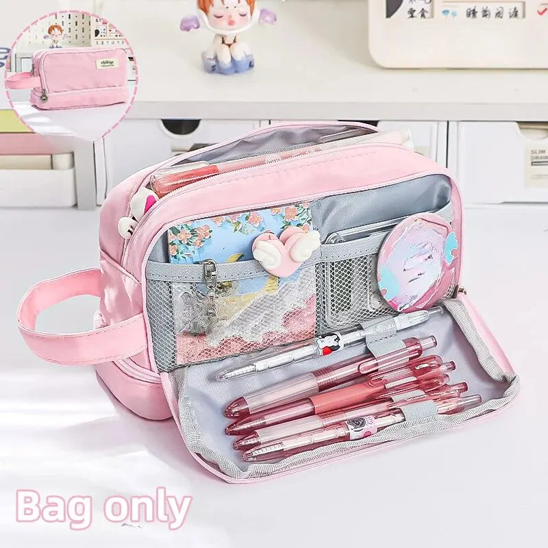 Trousse Kawaii Macaron – Grande Capacité à Compartiments, Style Pastel Étudiant