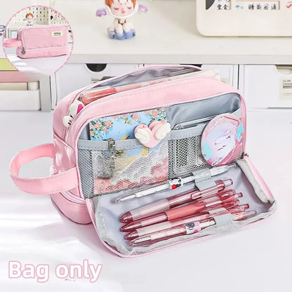 Trousse Kawaii Macaron – Grande Capacité à Compartiments, Style Pastel Étudiant