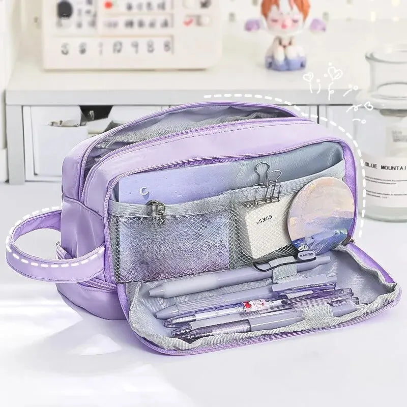 Trousse Kawaii Macaron – Grande Capacité à Compartiments, Style Pastel Étudiant