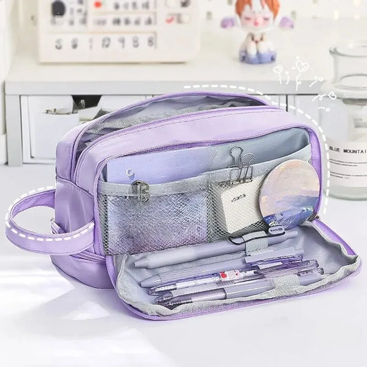 Trousse Kawaii Macaron – Grande Capacité à Compartiments, Style Pastel Étudiant