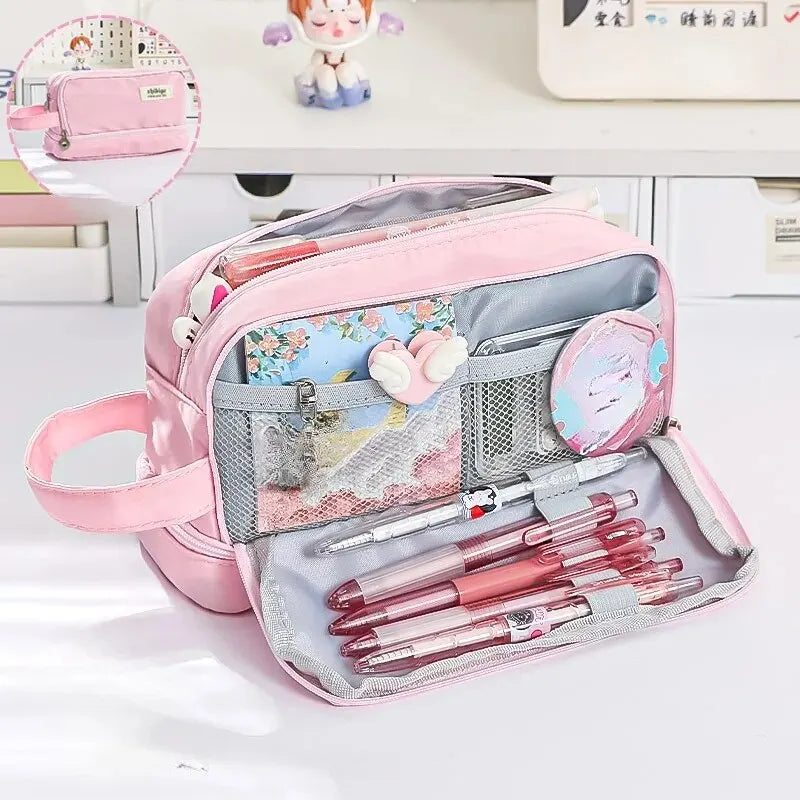 Trousse Kawaii Macaron – Grande Capacité à Compartiments, Style Pastel Étudiant