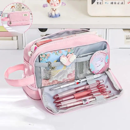 Trousse Kawaii Macaron – Grande Capacité à Compartiments, Style Pastel Étudiant