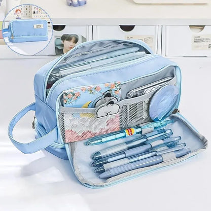 Trousse Kawaii Macaron – Grande Capacité à Compartiments, Style Pastel Étudiant