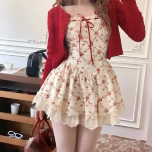 Ensemble Romantique : Robe Florale Douce & Cardigan Rouge Tendance - Votre Look Prairie Chic Rêvé !