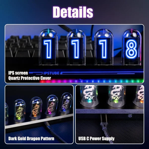 Horloge Digitale Rétro Nixie Tube RGB – Contrôle Wi-Fi, Lumière Analogique IPS, Mode Météo & APP