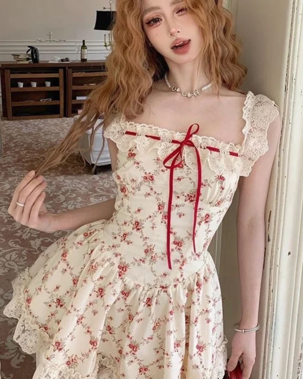 Ensemble Romantique : Robe Florale Douce & Cardigan Rouge Tendance - Votre Look Prairie Chic Rêvé !