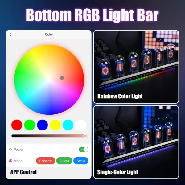Horloge Digitale Rétro Nixie Tube RGB – Contrôle Wi-Fi, Lumière Analogique IPS, Mode Météo & APP