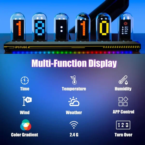 Horloge Digitale Rétro Nixie Tube RGB – Contrôle Wi-Fi, Lumière Analogique IPS, Mode Météo & APP